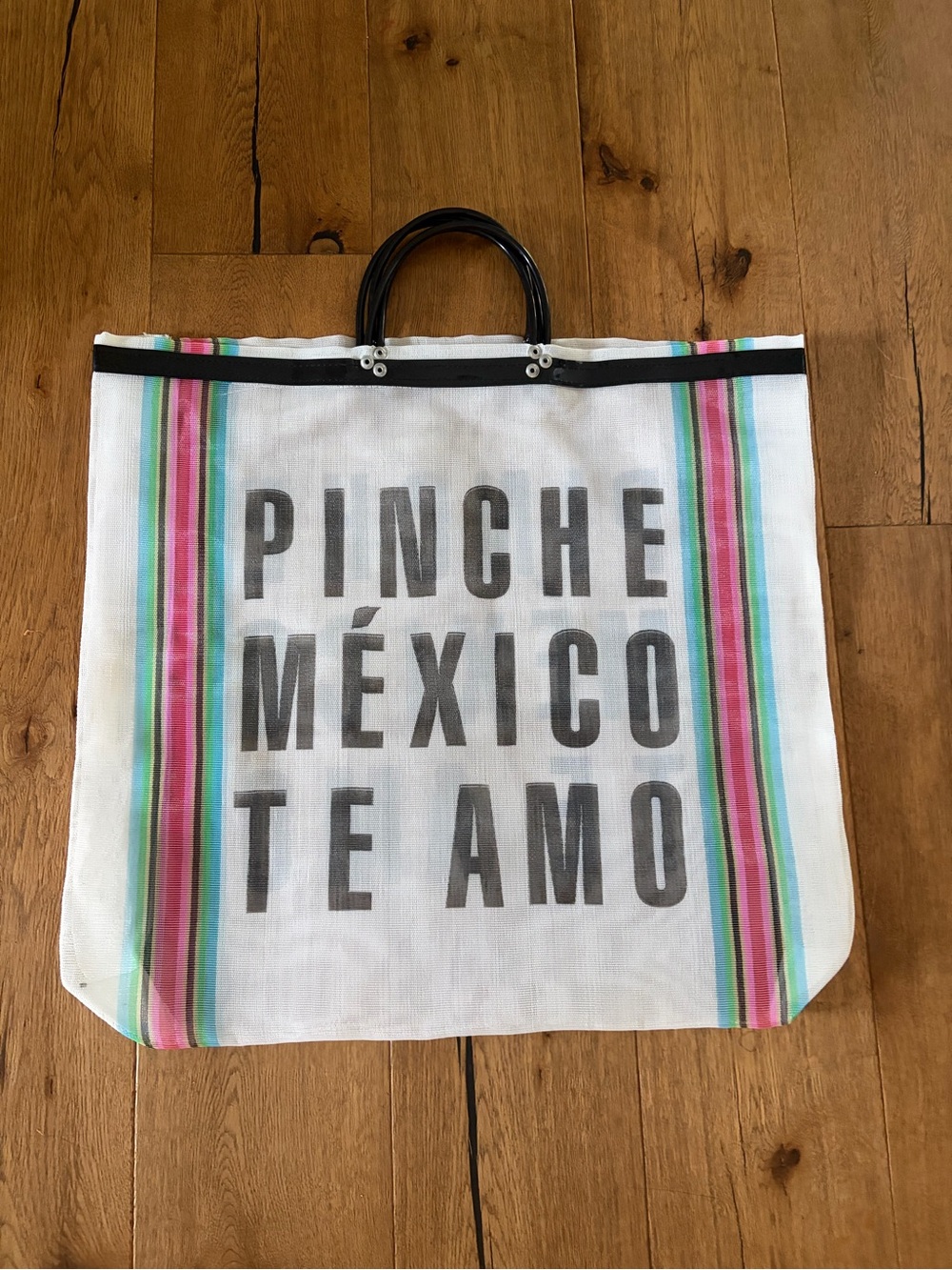 White Canvas Tote Bag with Pink & Green Stripes - PINCHE MEXICO TE AMO